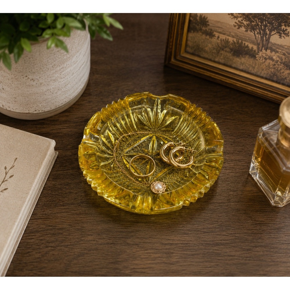 Vintage Amber Glass Ashtray Trinket Dish Jewelry Catchall Starburst 4 Inch
